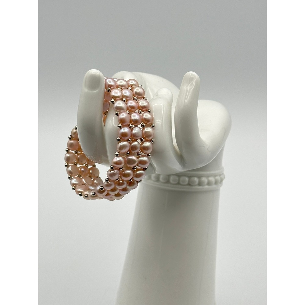 Pink Freshwater Pearl Triple Strand Stretch Bracelet Vintage Multi Row 3in